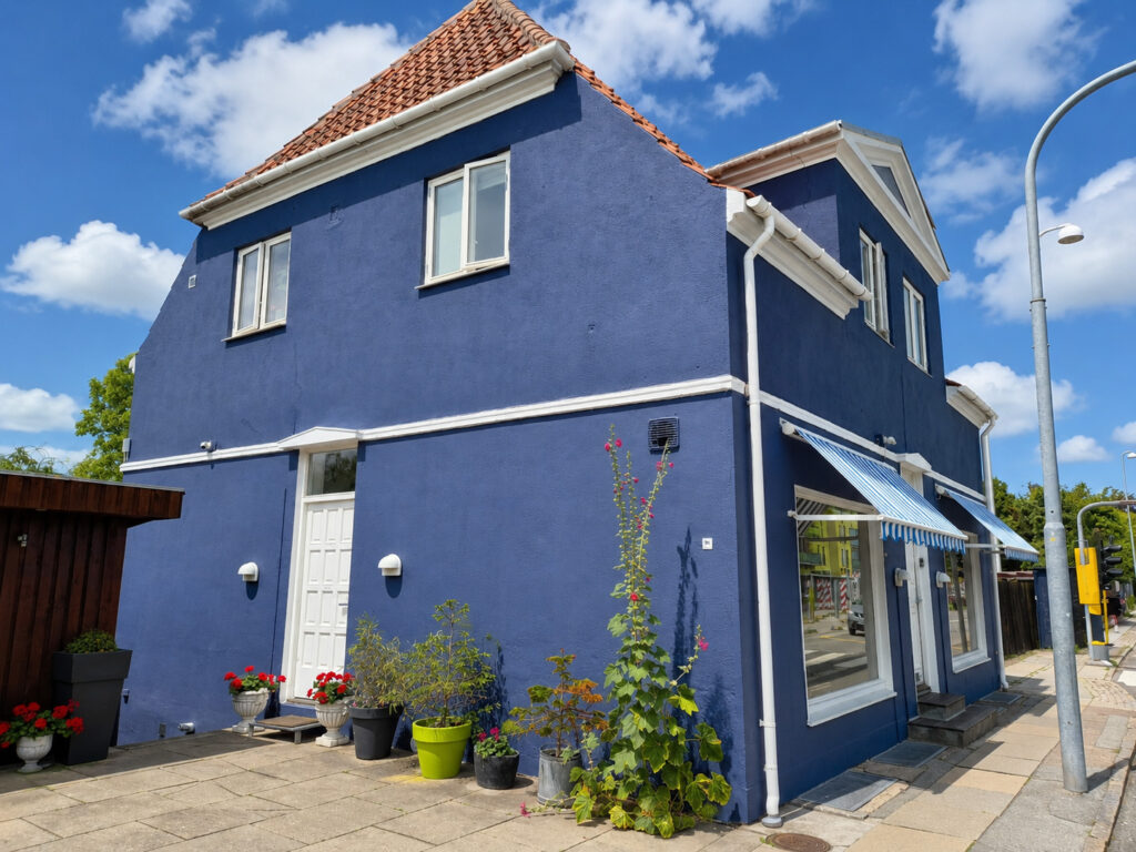 Side view of the Blue House showing the blue exterior, entrance and pathway alongside the property.