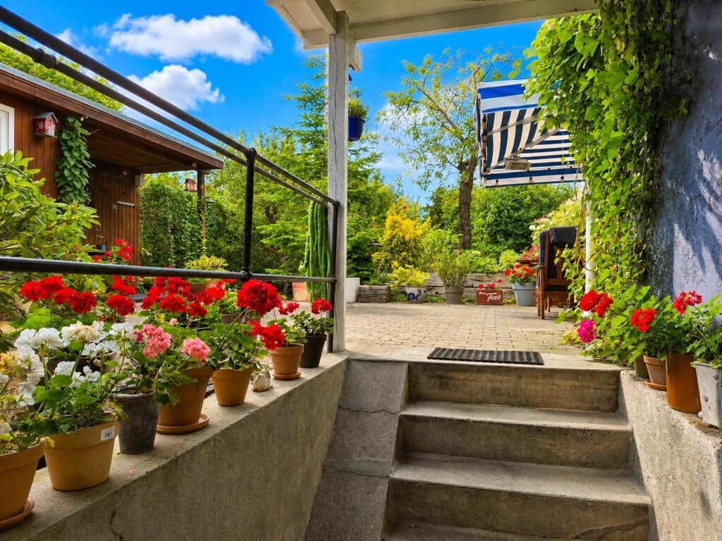 View from the lower level towards the terrace and landscaped garden.