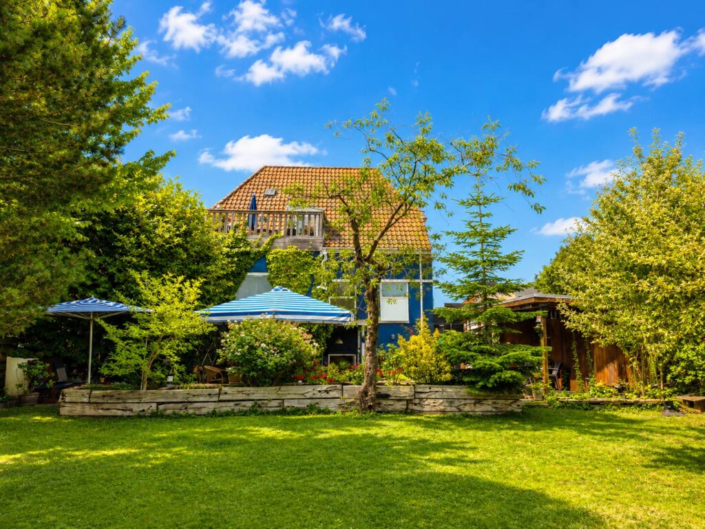 Wide view of the large secluded garden with mature trees, several varieties of apple trees, plum trees, terraces and the Blue House in the background