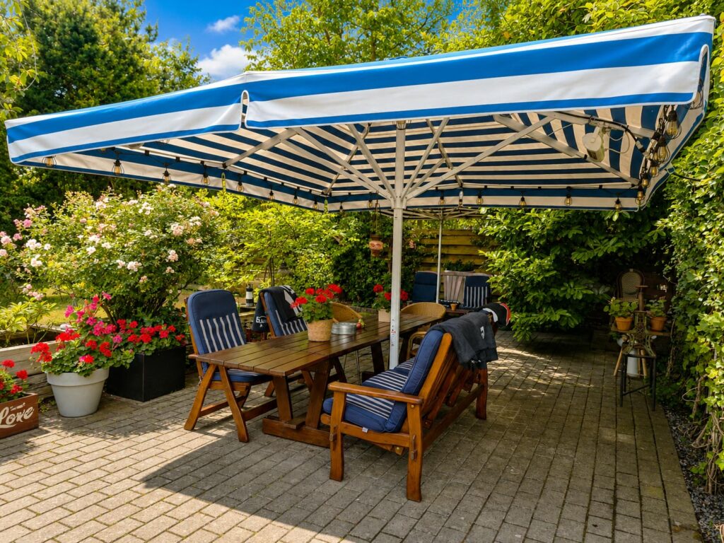 Covered seating area overlooking the private garden.