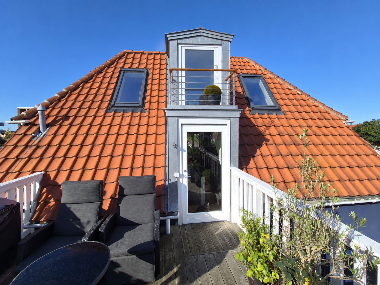 Concept view from the roof terrace with new clay roof tiles, two Velux windows, a dormer balcony and white timber railings.