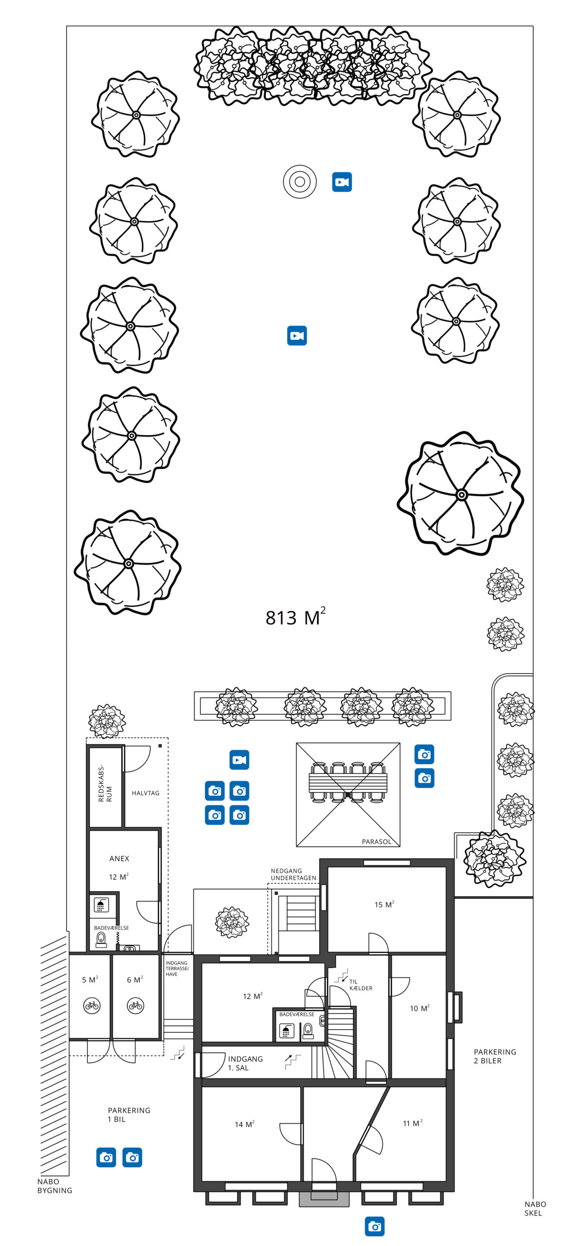 Site plan and property layout of Blue House Copenhagen showing the house, annex, garden, terrace and parking
